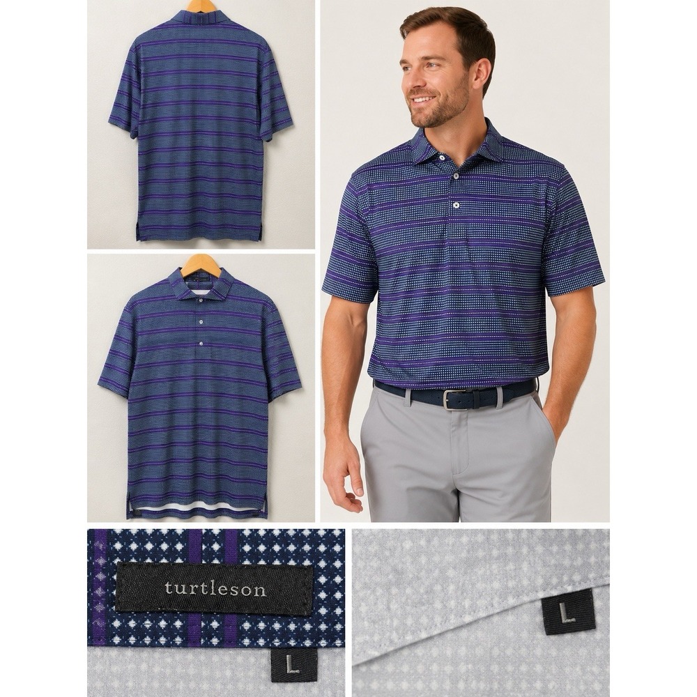 NWOT Turtleson Polo Mens L Blue Green Geometric Short Sleeve Collared Striped